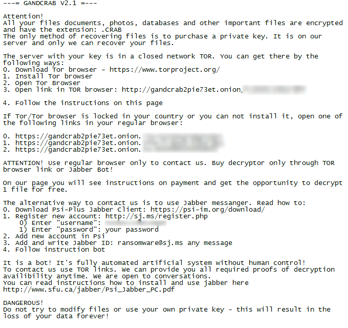 Nota de auxilio CRAB-DECRYPT.txt por GandCrab v2.1 Nota de auxilio CRAB-DECRYPT.txt por GandCrab v2.1