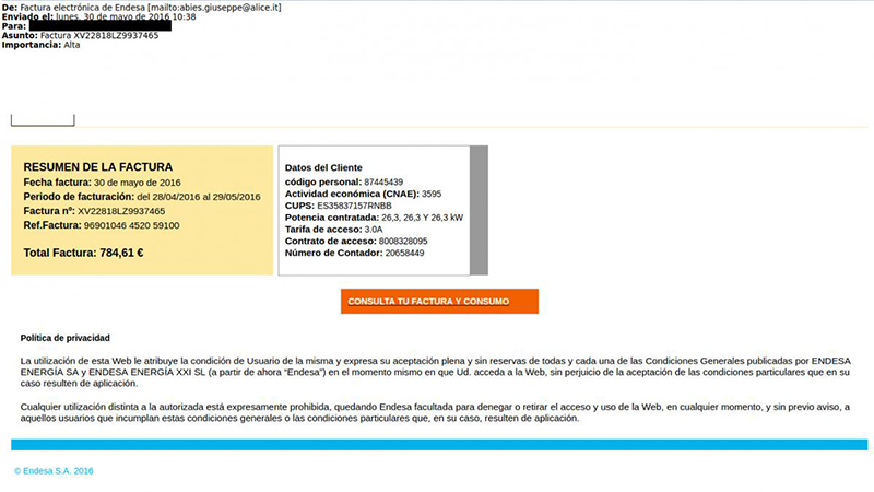 Facturas falsas enviadas por correo electrónico a nombre de Endesa Facturas falsas enviadas por correo electrónico a nombre de Endesa